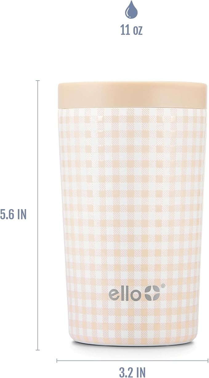 Ello Jones 11oz Insulated Stainless Steel Travel Mug with Leak-Proof Slider Lid, Single Serve Small Coffee Tumbler, Keeps Drinks Hot 3 Hours Cold 8 Hours, BPA-Free, Beige Gingham - Image 5