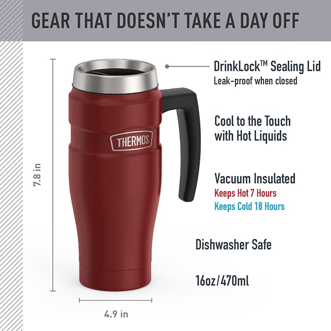 THERMOS Stainless King Vacuum-Insulated Travel Mug with Handle - 16oz, Rustic Red - Thermos Tumbler for Hot & Cold Drinks - Leak-Proof & Sweat-Proof Stainless Steel Coffee Mug with Lid for Commuting - Image 2