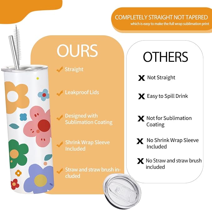 YOUKE OLA 16 Pack Sublimation Tumblers Flat Edge Blanks Skinny Straight Bulk 20 oz, Stainless Steel Double Wall Insulated Sublimation with Straw & Lids for Heat Transfer, White | Flat Edge, Blanks, Skinny Straight, Bulk, Sublimation - Image 5