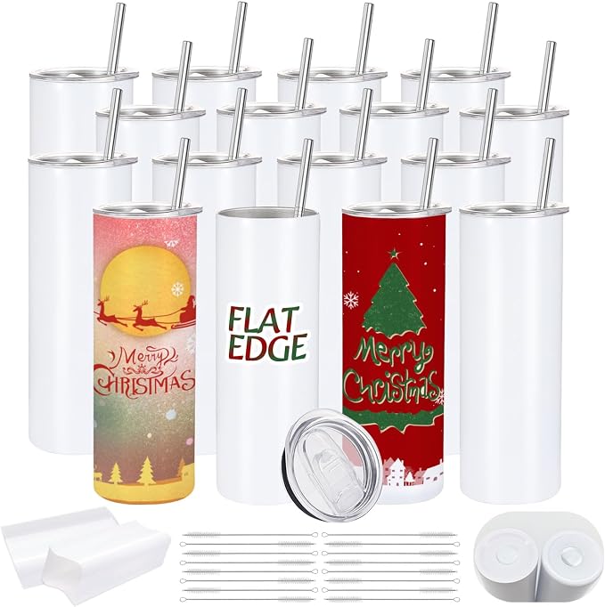 YOUKE OLA 16 Pack Sublimation Tumblers Flat Edge Blanks Skinny Straight Bulk 20 oz, Stainless Steel Double Wall Insulated Sublimation with Straw & Lids for Heat Transfer, White | Flat Edge, Blanks, Skinny Straight, Bulk, Sublimation by YOUKEOLA