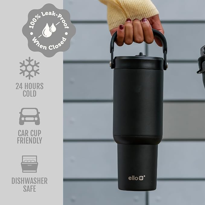 Ello Oasis Go+ 26oz Tumbler with Top Handle and Retracting Straw | Reusable Insulated Stainless Steel Cup, 100% Leakproof Water Bottle, 24 Hours Cold, Cup Holder Friendly For Travel | Black - Image 4