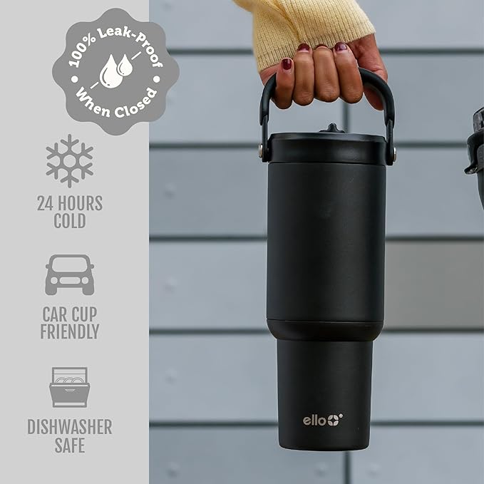 Ello Oasis Go+ 32oz Tumbler with Top Handle and Retracting Straw | Reusable Insulated Stainless Steel Cup, 100% Leakproof Water Bottle, 24 Hours Cold, Cup Holder Friendly For Travel | Black - Image 4