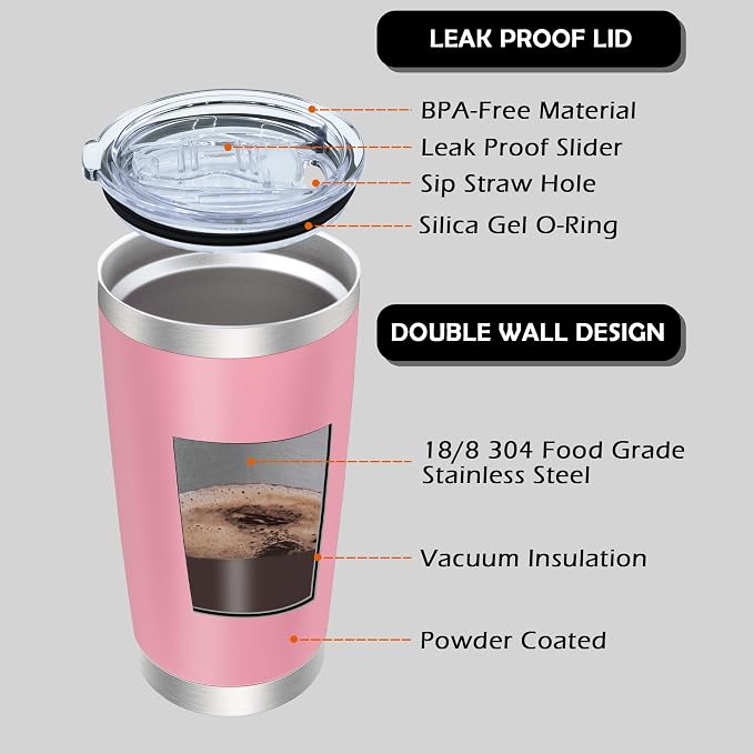 AIANJI 20oz Tumbler Bulk Stainless Steel Tumblers with Lid Vacuum Insulated Double Wall Travel Coffee Mug Powder Coated Tumbler Cup for Hot and Cold Drinks(Pink, 1 pack) - Image 3