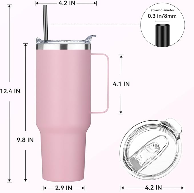 HASLE OUTFITTERS 40 oz Stainless Steel Tumbler with Handle, Vacuum Insulated Tumblers Bulk, Reusable Double Wall Travel Coffee Mug, Durable Powder Coated Water Bottle(Pink, 1) - Image 3