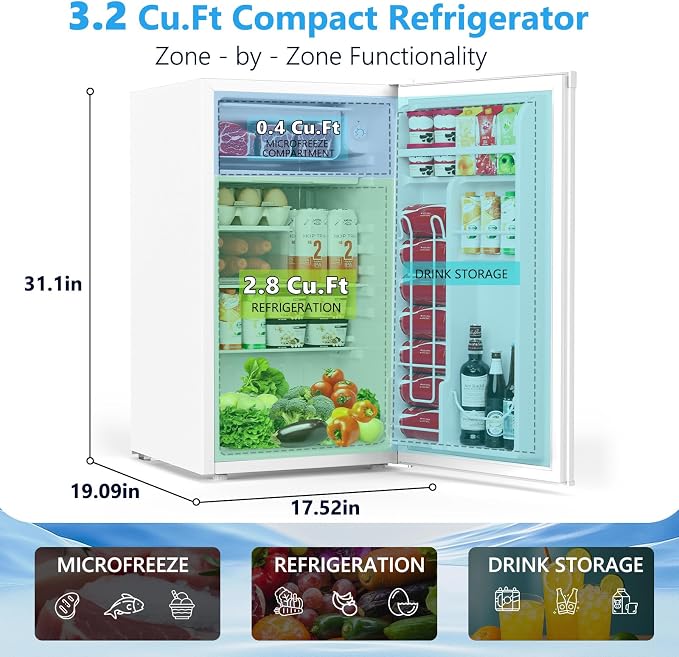 COWSAR 3.1 Cu.ft Mini Dorm Fridge for Bedroom Apartment Office, White | Reversible Single Door, Adjustable Thermostat, Energy Saving, Remove Glass Shelves, Compact Small Fridge for College Dorm - Image 2