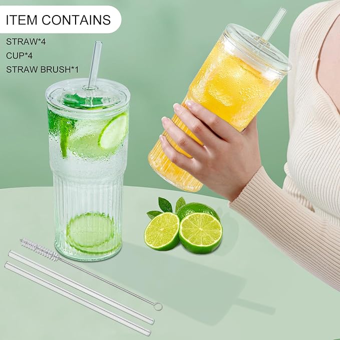 Luiaiog Glass Cups with Lids and Glass Straws, High Borosilicate 20OZ Tumblers (4Pcs) for Coffee, Tea, Juice, Smoothies, Hot/Cold Drinks at Home, Office - Image 4