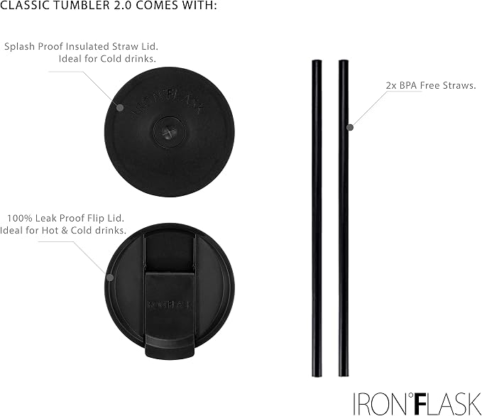 IRON °FLASK Classic Tumbler - Vacuum Insulated Stainless Steel Water Bottle, Double Walled, Drinking Cup, Insulated Travel Mug (Midnight Black, 24 oz Solid Lid) - Image 7