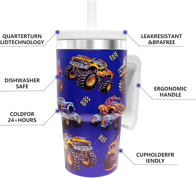 20-OZ Insulated Water Bottle,Insulated Stainless Steel Tumbler,Reusable Cold Drink Thermos,BPA-Free, Double-Wall Stainless Steel Water Bottle (Dark blue-Monster truck, 20, Fluid Ounces) - Image 5