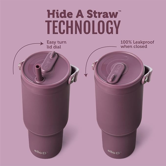 Ello Oasis Go+ 26oz Tumbler with Top Handle and Retracting Straw | Reusable Insulated Stainless Steel Cup, 100% Leakproof Water Bottle, 24 Hours Cold, Cup Holder Friendly For Travel | Wild Rasberry - Image 2