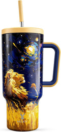 Meoky 40 oz Tumbler with Handle and Straw: Stainless Steel Insulated Tumbler with Lid and Straw - 100% Leak Proof Tumbler for Car Cup Holders - Travelers Commuters Workers, Lion by MEOKY