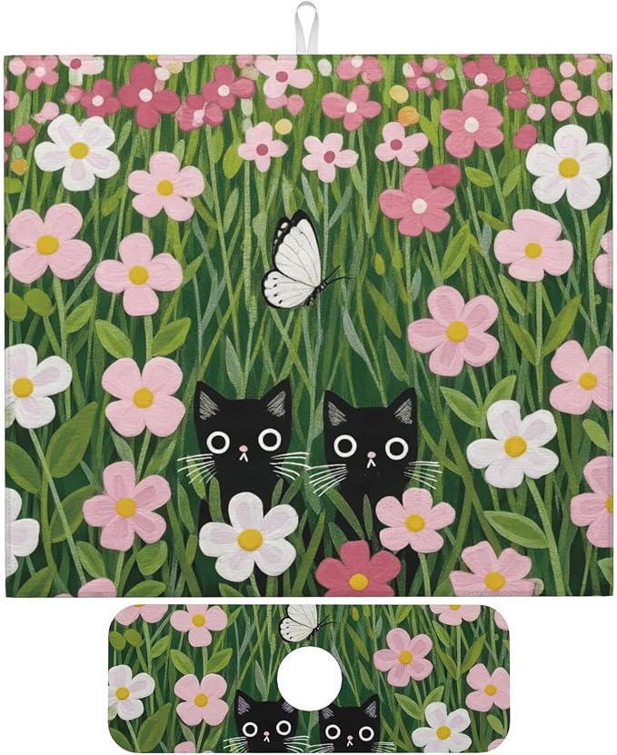 Pink Floral Cat Dish Drying Mat by Unknown