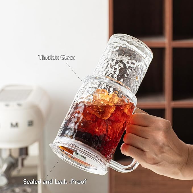 INSETLAN 26oz Water Ripple Glass Tumbler with Handle and Lid, Set of 2 – Reusable Iced Coffee Cups with Lids, Clear Glass Cups with Straw for Coffee, Smoothies, Tea, Juice – Perfect for any Occasion - Image 5