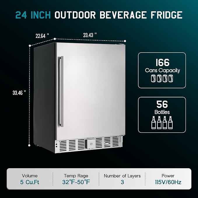 Albott 24 Inch Outdoor Beverage Fridge, 5.0 Cu.Ft Beverage Refrigerator | Holds 166 Cans, 32-50°F Drink Cooler with IPX4 Waterproof Design, Auto-Defrost, Built-In or Freestanding for Patio & Backyard - Image 8