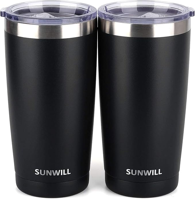 SUNWILL Travel Coffee Mug with Lid, 20 oz Tumbler Set of 2, Insulated Stainless Steel Cup for Water, Tea, Ice, Powder Coated Black 2 pack by SUNWILL