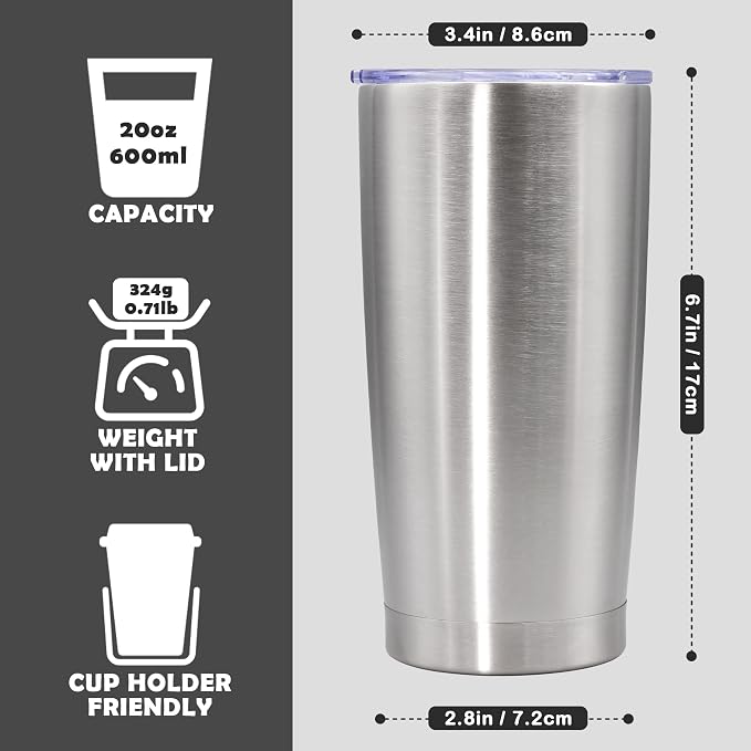 20oz Tumbler Bulk Stainless Steel Tumbler Cup with Lid Vacuum Insulated Double Wall Travel Mug, Durable Powder Coated Travel Coffee Tumbler Mug for Hot & Cold Drinks, Stainless Steel,8 Pack - Image 4