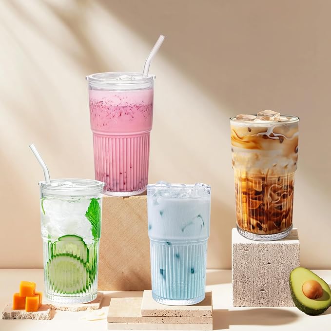 Luiaiog 18.5oz Glass Cups with Lids and Straws – Single Reusable Tumbler, Thickened Shatter-Resistant Glass, Ideal for Iced Coffee, Smoothies, Cocktails, Juices – Elegant & Durable Drinkware - Image 8