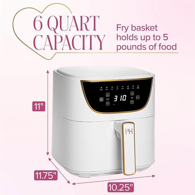 Paris Hilton 6-Quart Air Fryer, Nonstick Basket Made Without PFAS, Touchscreen, 8-in-1 (Fry, Roast, Broil, Bake, Reheat, Keep Warm, Pizza, Dehydrate), Dishwasher Safe Basket and Crisping Tray, White - Image 7