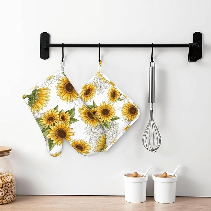 Yellow Sunflower Oven Mitts Pot Holders Set Silicone Heat Resistant Sunflowers - Image 7