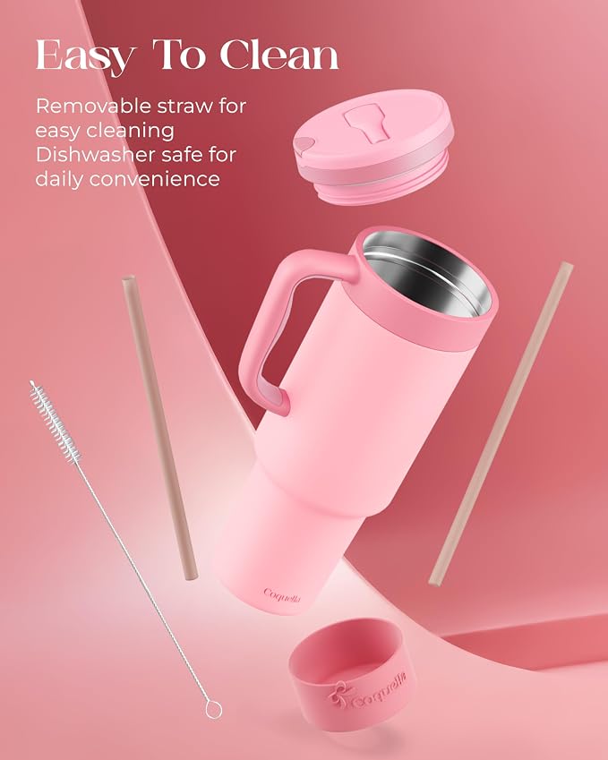40 oz Insulated Tumbler with Handle and Push-Button Straw Lid, Stainless Steel Travel Cup for Gym Office, Leakproof, BPA-Free, Cup Holder Friendly, Bow Silicone Boot, Pink (Rose Quartz) - Image 6