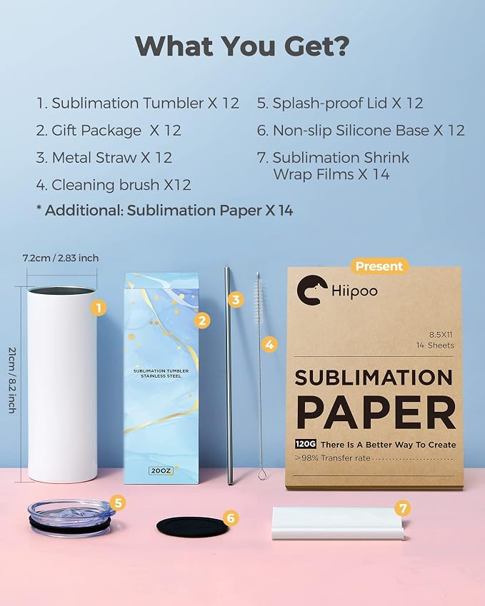 Hiipoo 12 Pack Sublimation Tumblers Blank 20 oz Straight Skinny with Sublimation Papers, Lids and Straws, Shrink Wrap Films, Stainless Steel Double Wall Insulated Tumbler for Mug Press Machine - Image 2
