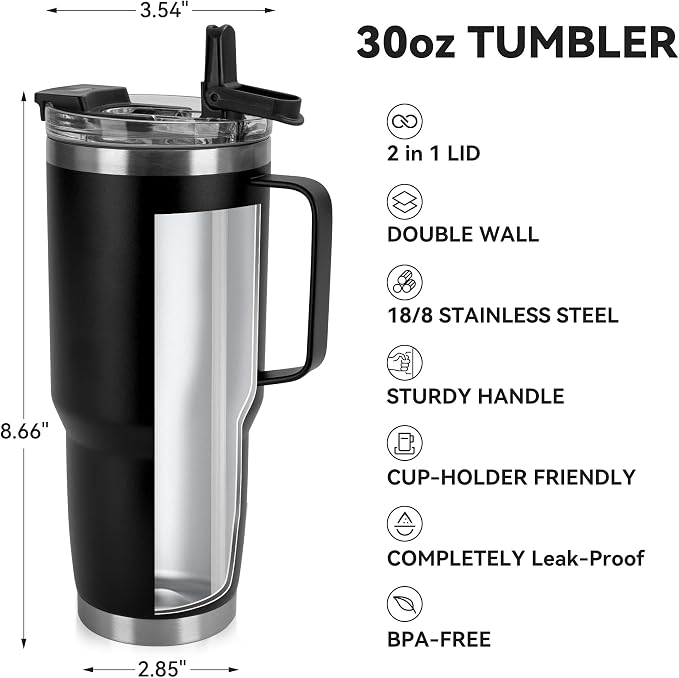 HASLE OUTFITTERS 30oz Tumbler With Handle, Insulated Travel Coffee Mug With Straw Leak-Proof Double Wall Stainless Steel Vacuum Tumblers Metal Cup with Straw for Hot and Cold Drink - Image 3
