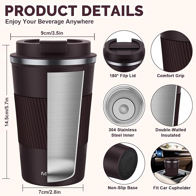MOMSIV 12oz Travel Mug, Insulated Coffee Cup with Leakproof Lid, Vacuum Stainless Steel Double Walled Reusable Tumbler for Hot and Cold Water Coffee and Tea In Travel and Car (Brown) - Image 2