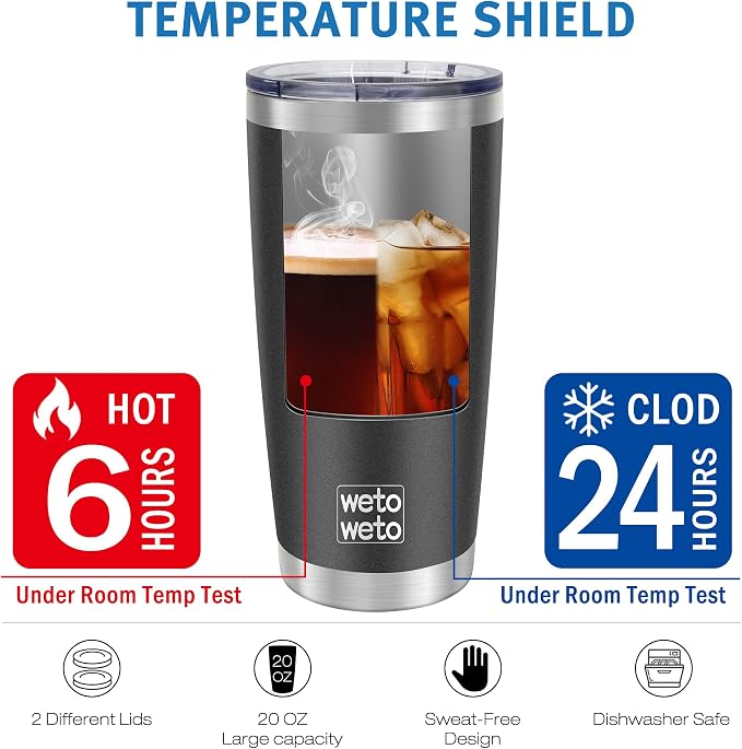 WETOWETO 20oz Tumbler with 2 lids and 2 straws, Stainless Steel Vacuum Insulated Coffee Tumbler Cup, Double Wall Powder Coated Leak-proof Travel Coffee Mug Cup (Black, 1 Pack) - Image 6