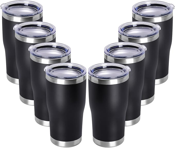 DOMICARE 20oz Tumbler with Lid Stainless Steel Tumblers Bulk, Double Wall Vacuum Insulated Coffee Travel Mug Powder Coated Tumbler, 8 Count (Pack of 1) Black by VisittheDOMICARE