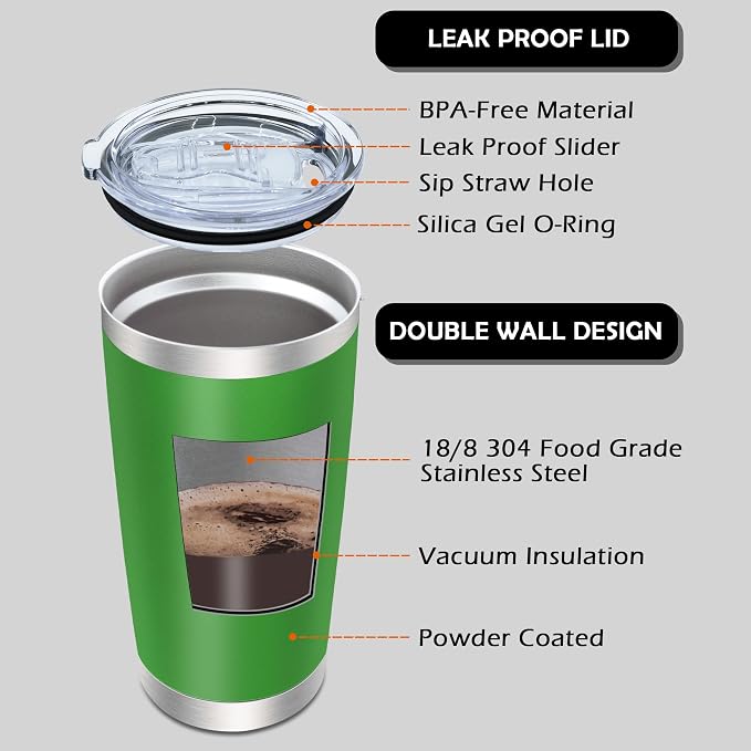 AIANJI 20oz Tumbler Bulk Stainless Steel Tumblers with Lid Vacuum Insulated Double Wall Travel Coffee Mug Powder Coated Tumbler Cup for Hot and Cold Drinks(Green, 1 pack) - Image 3