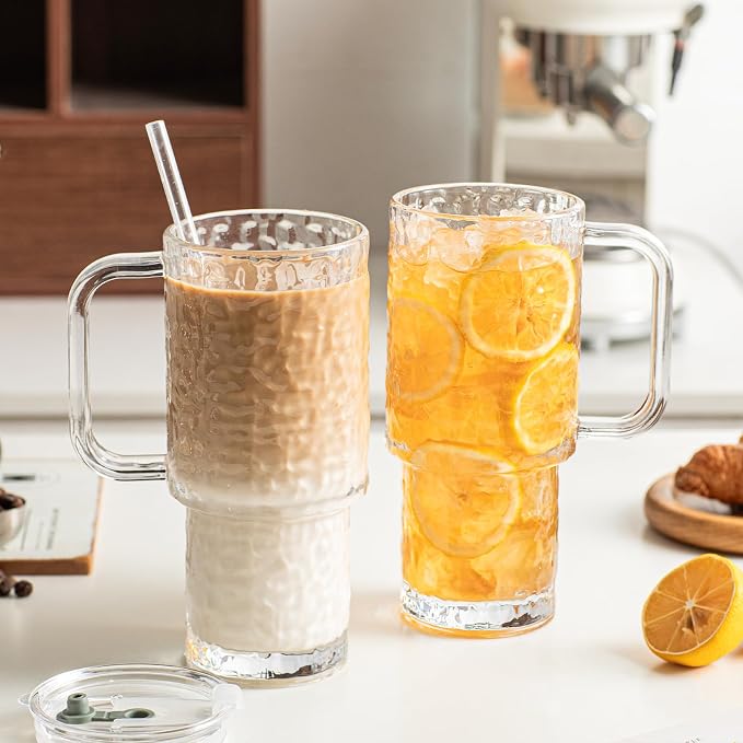 INSETLAN 26oz Water Ripple Glass Tumbler with Handle and Lid, Set of 2 – Reusable Iced Coffee Cups with Lids, Clear Glass Cups with Straw for Coffee, Smoothies, Tea, Juice – Perfect for any Occasion - Image 3