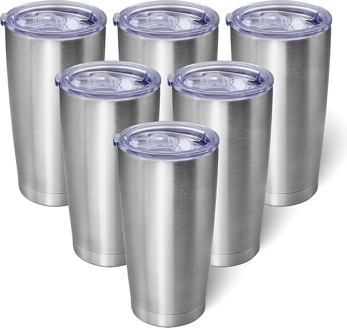AIANJI 20oz Tumbler Bulk Stainless Steel Tumblers with Lid Vacuum Insulated Double Wall Travel Coffee Mug Powder Coated Tumbler Cup for Hot and Cold Drinks(Stainless Steel, 6 pack) by AIANJI