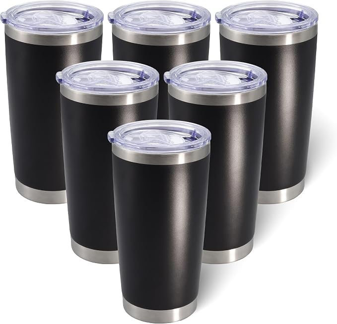 AIANJI 20oz Tumbler Bulk Stainless Steel Tumblers with Lid Vacuum Insulated Double Wall Travel Coffee Mug Powder Coated Tumbler Cup for Hot and Cold Drinks(Black, 6 pack) by AIANJI