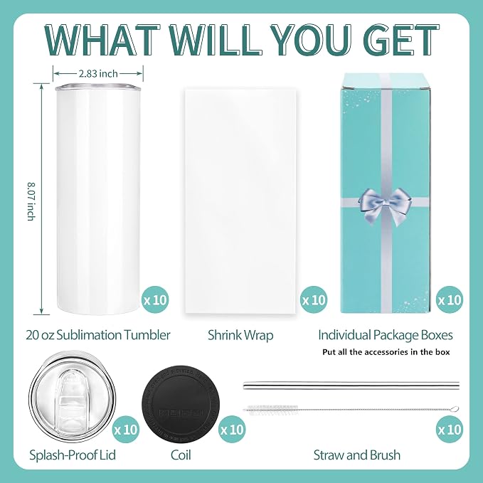 D·S 10 Pack Sublimation Tumblers Bulk 20 oz Skinny Straight Flat Bottom Blank Tumbler Cups with Individual Gift Boxed for Heat Transfer DIY Craft - Image 2