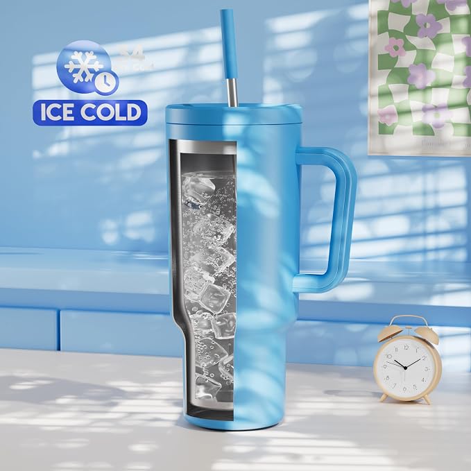 Meoky 40 oz Tumbler with Handle and Straw: Stainless Steel Insulated Tumbler with Lid and Straw - 100% Leak Proof Tumbler for Car Cup Holders - Travelers Commuters Workers, Blue - Image 2