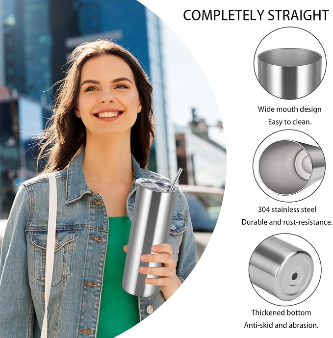 4 Pack 20 Oz Straight Skinny Tumblers,Individually Gift Boxed Stainless Steel Slim Skinny Tumbler Set Bulk, 20 Oz Insulated Slim Thin Travel Tumbler Cup for Diy, Silver - Image 3