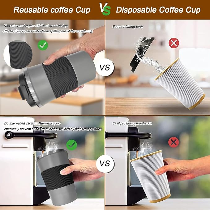 YINBAOGE Insulated Travel Coffee Mug, Spill & Leak Proof, Portable To Go Camping Stainless Steel Coffee Tumbler, Reusable Thermal Coffee Cup with Lid for Hot & Cold Drinks (Grey, 12 OZ) - Image 4