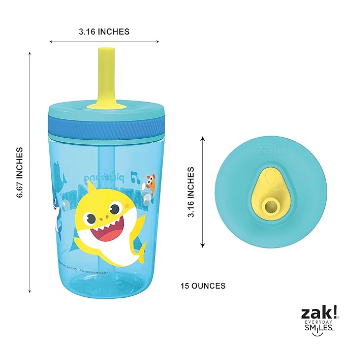 Zak Designs 15oz Baby Shark Kelso Tumbler Set, Leak-Proof Screw-On Lid with Straw Made of Durable Plastic and Silicone, Perfect Bundle for Kids (2pcs Set) - Image 8