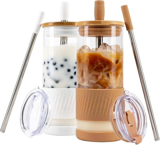 Pandaloo® Glass Cups With Lids and Straws -20 Fl Oz- Perfect Size Iced Coffee Cup - Smoothie Cup With Bamboo Lid and On the go Lid - Glass Tumbler (2 Count (Pack of 1), Amber Sand-Coton White) by Pandaloo