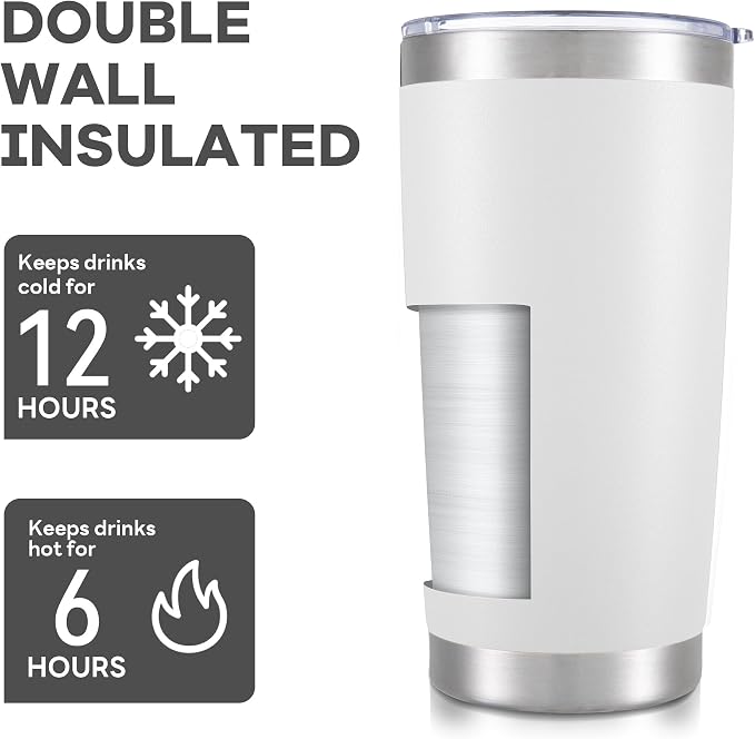 20 oz Tumbler with Lid Stainless Steel Double Wall Vacuum Insulated Tumblers Powder Coated Cups Travel Mug Keep Drinks Cold and Hot, White - Image 3