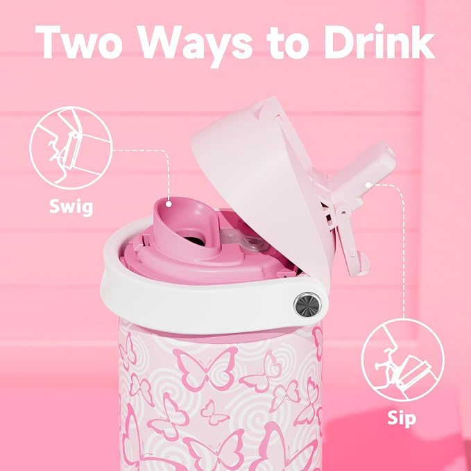 24 oz Insulated Water Bottle with Straw: Meoky Stainless Steel Metal Water Bottle with 2-in-1 Lid - Leak Proof, Cold for 24 Hours, Protective Silicone Base, BPA-Free for Sports Travel Car, Butterfly - Image 2