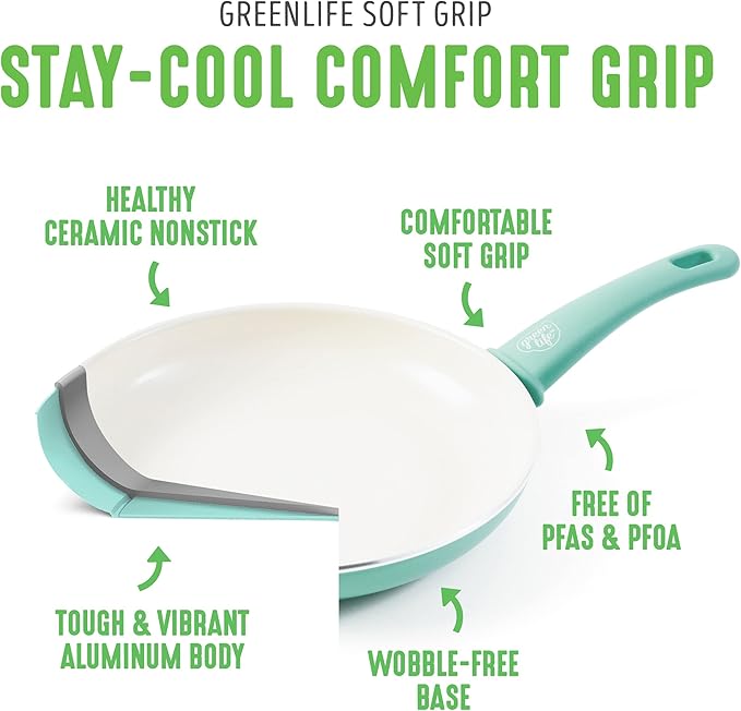GreenLife Soft Grip Healthy Ceramic Nonstick, 15 Piece Cookware Pots and Pans - Image 4
