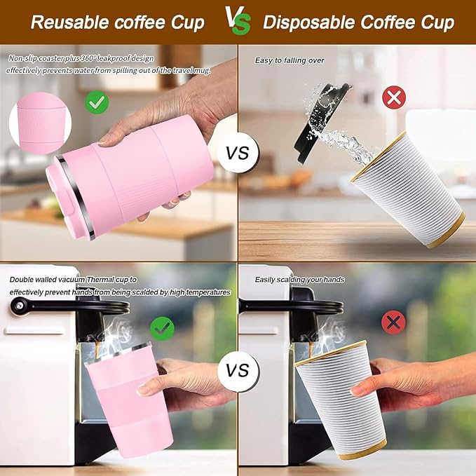 YINBAOGE Insulated Travel Coffee Mug, Spill & Leak Proof, Portable To Go Camping Stainless Steel Coffee Tumbler, Reusable Thermal Coffee Cup with Lid for Hot & Cold Drinks (Pink, 17 OZ) - Image 5