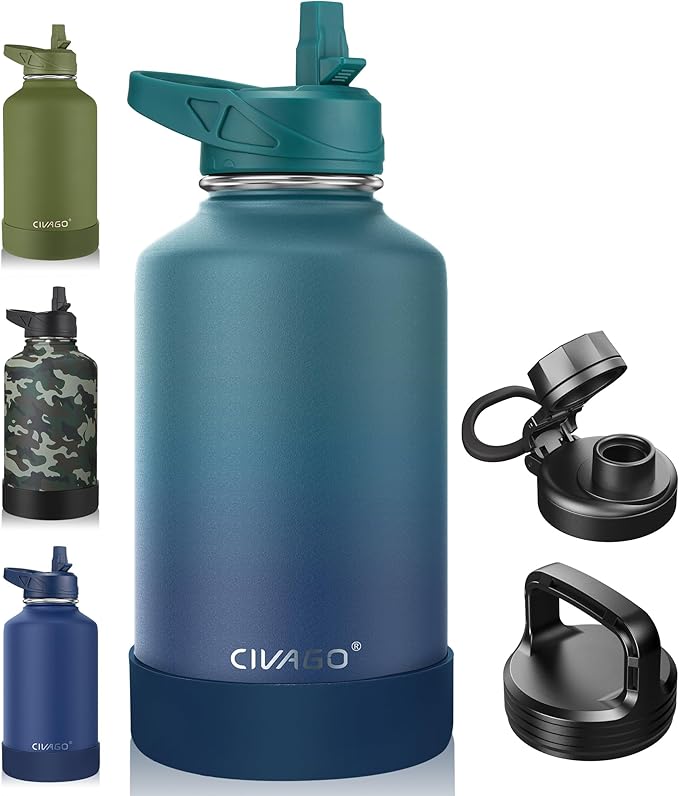 CIVAGO 64 oz Insulated Water Bottle With Straw, Half Gallon Stainless Steel Sports Water Flask Jug with 3 Lids (Straw, Spout and Handle Lid), Large Metal Thermal Cup Mug, Dark Night by CIVAGO