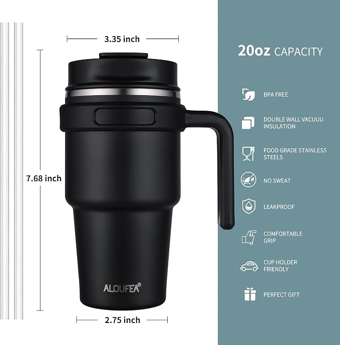 ALOUFEA 20 oz Insulated Coffee Mug Tumbler with Handle, Stainless Steel Travel Mug Tumbler with Lid and Straw,Double Wall Vacuum Leak Proof Ice Coffee Thermal Cup,Sage - Image 2