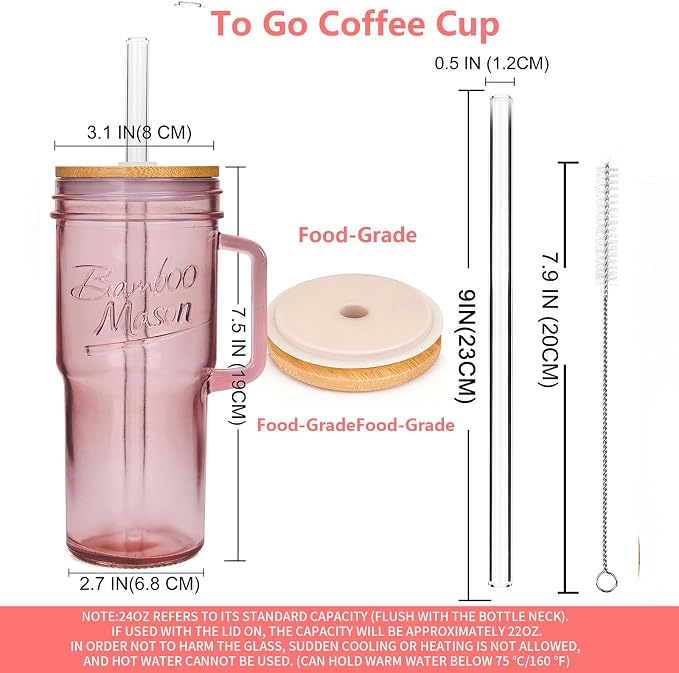 ANOTION Glass Cups with Handle, 24oz Glass Cups with Lids and Straws Travel Coffee Mug Bamboo Mason Jar Iced Cup Smoothie Tea Clear Cute Water Drinking Jars Glasses - Image 3