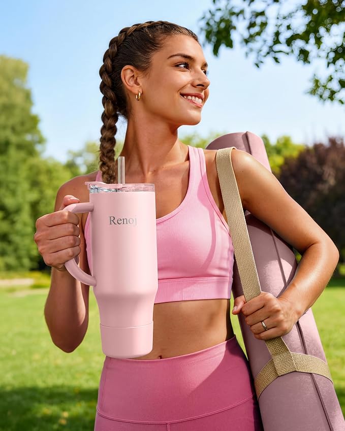 Renoj Insulated Mug 100% Leak Proof Insulated Water Bottle for Iced Coffee & Hot Drinks - Fits Car Cup Holder, Ideal Gift, 2 Straws & Silicone Boot - SnapShift Light Pink 32 oz - Image 5