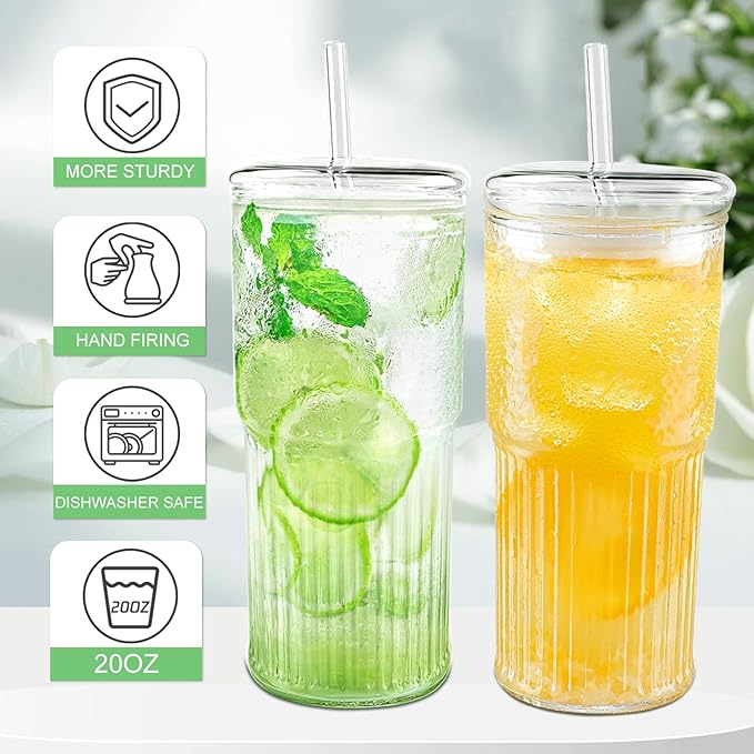 Luiaiog Glass Cups with Lids and Glass Straws, High Borosilicate 20OZ Tumblers (2Pcs) for Coffee, Tea, Juice, Smoothies, Hot/Cold Drinks at Home, Office（Creative Drink Label Design） - Image 4