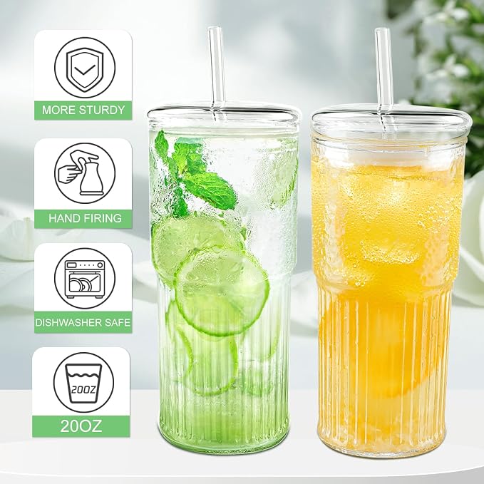 Luiaiog Glass Cups with Lids and Glass Straws, High Borosilicate 20OZ Tumblers (2Pcs) for Coffee, Tea, Juice, Smoothies, Hot/Cold Drinks at Home, Office（Christmas Creative Drink Label Design） - Image 4