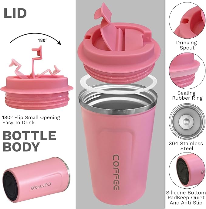 YINBAOGE Insulated Travel Coffee Mug, Spill & Leak Proof, Portable To Go Camping Stainless Steel Coffee Tumbler, Reusable Thermal Coffee Cup with Lid for Hot & Cold Drinks (2nd-Pink, 17 OZ) - Image 2
