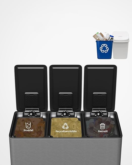 GarveeHome 3-in-1 Stainless Steel Recycling Trash Can, 3 x 4 Gallon Triple - Image 3